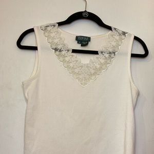 RALPH LAUREN White Lace Ribbed Tank Top